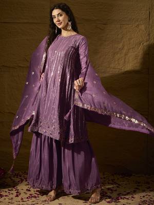 purple chinon  top with bottom and dupatta full sleeve embroidered flared kurta 3