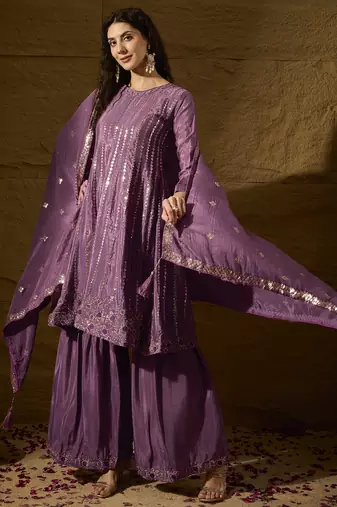 purple chinon  top with bottom and dupatta full sleeve embroidered flared kurta