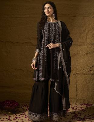 black chinon  top with bottom and dupatta full sleeve embroidered a-line kurti 1