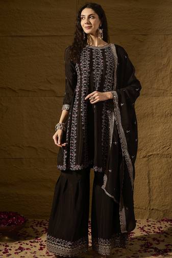 black chinon  top with bottom and dupatta full sleeve embroidered a-line kurti