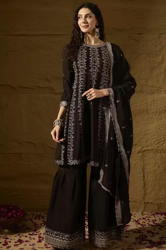 black chinon   top with  bottom and dupatta full sleeve embroidered a-line kurti