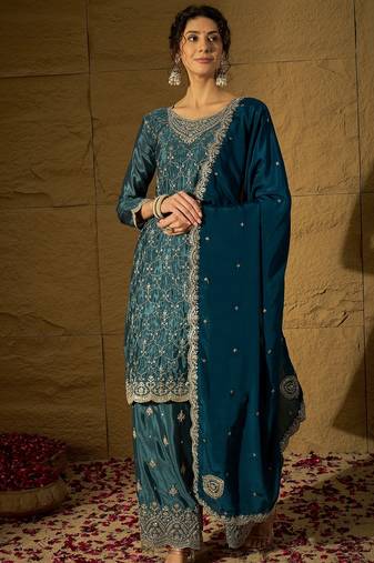 blue chinon  top with bottom and dupatta full sleeve embroidered straight kurta