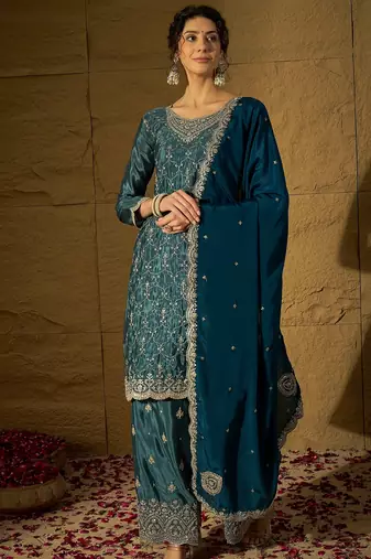 blue chinon   top with  bottom and dupatta full sleeve embroidered straight kurta