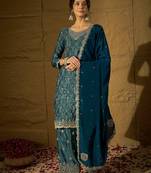 blue chinon  top with bottom and dupatta full sleeve embroidered straight kurta