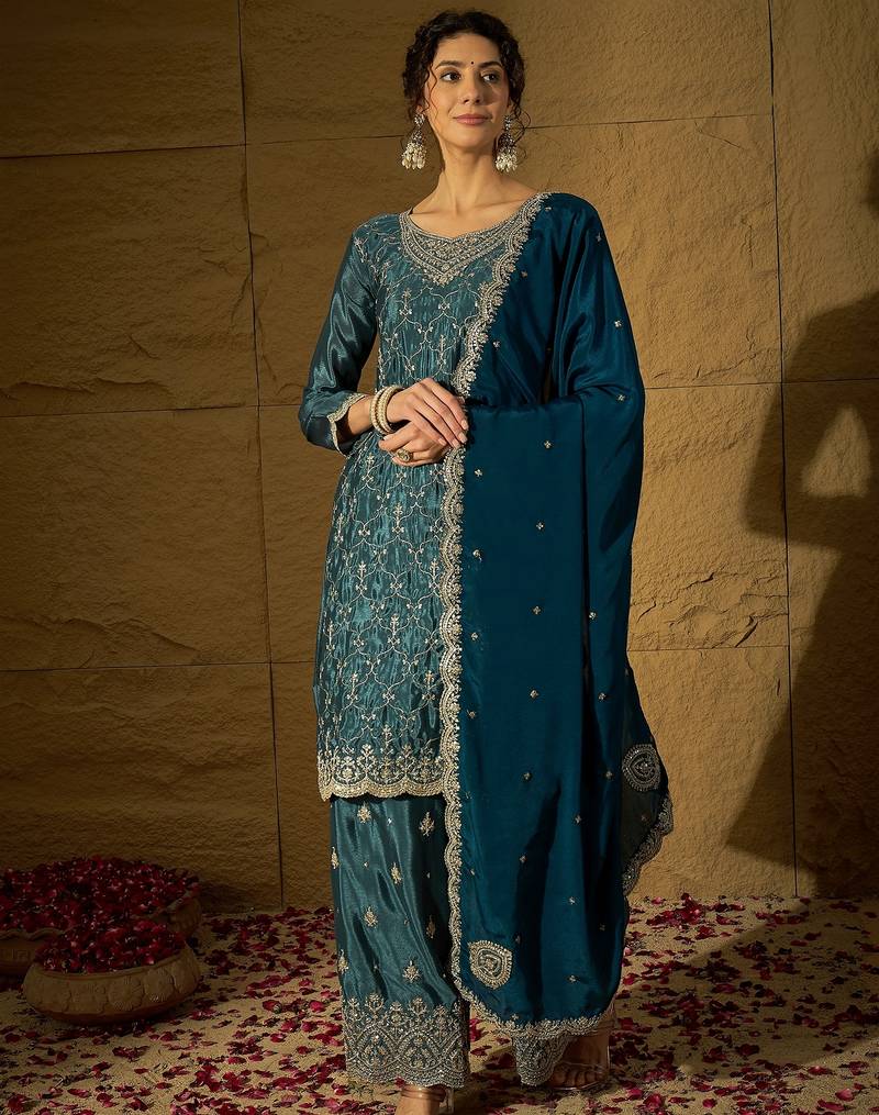 blue chinon   top with  bottom and dupatta full sleeve embroidered straight kurta