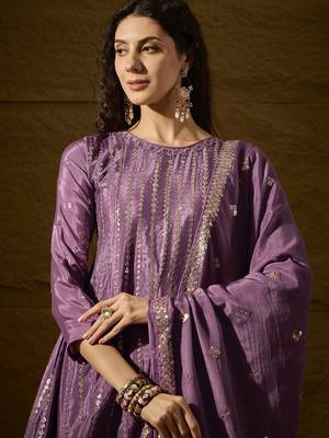 purple chinon  top with bottom and dupatta full sleeve embroidered flared kurta 4