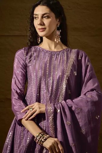 purple chinon  top with bottom and dupatta full sleeve embroidered flared kurta