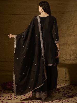 black chinon  top with bottom and dupatta full sleeve embroidered a-line kurti 2