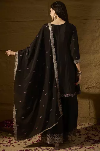 black chinon  top with bottom and dupatta full sleeve embroidered a-line kurti