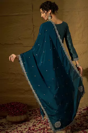 blue chinon  top with bottom and dupatta full sleeve embroidered straight kurta