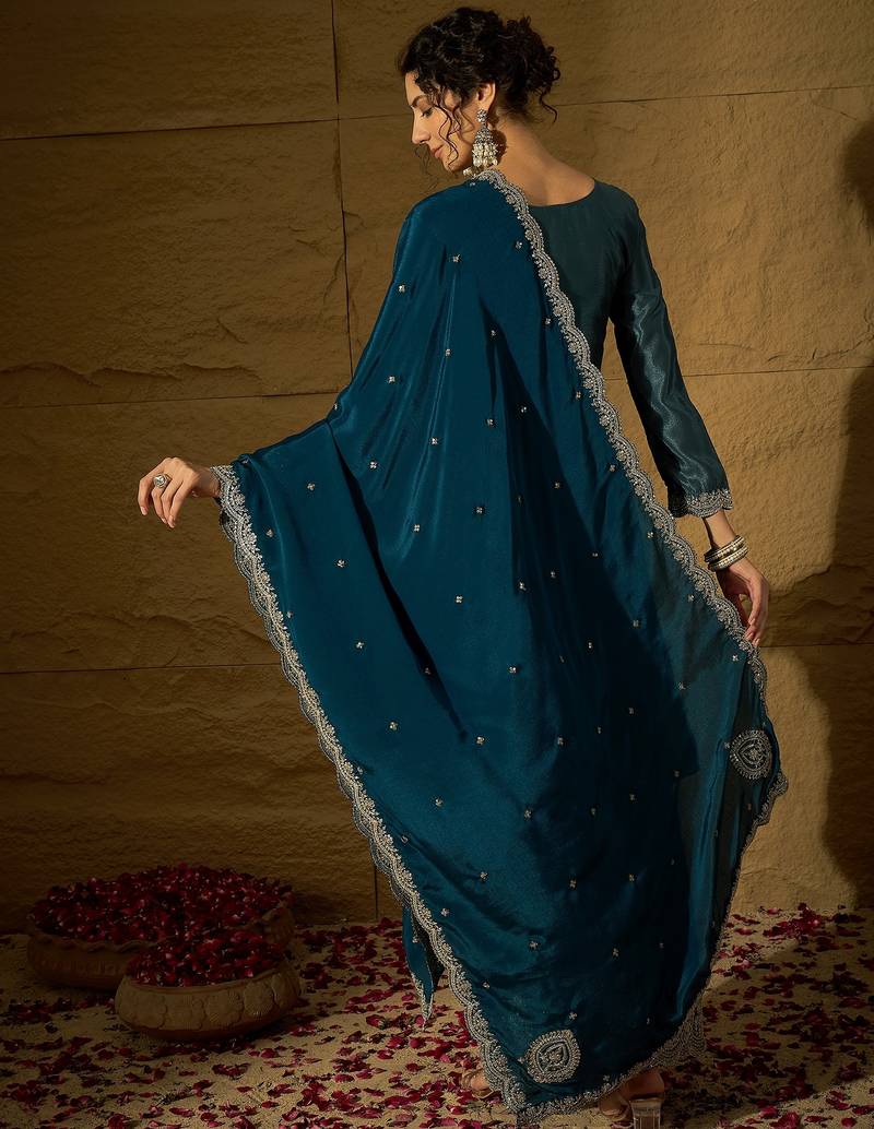blue chinon   top with  bottom and dupatta full sleeve embroidered straight kurta