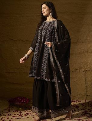black chinon  top with bottom and dupatta full sleeve embroidered a-line kurti 3