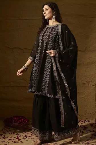 black chinon  top with bottom and dupatta full sleeve embroidered a-line kurti