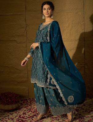 blue chinon  top with bottom and dupatta full sleeve embroidered straight kurta 3