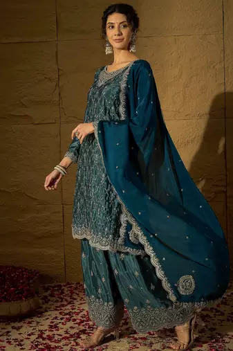 blue chinon  top with bottom and dupatta full sleeve embroidered straight kurta