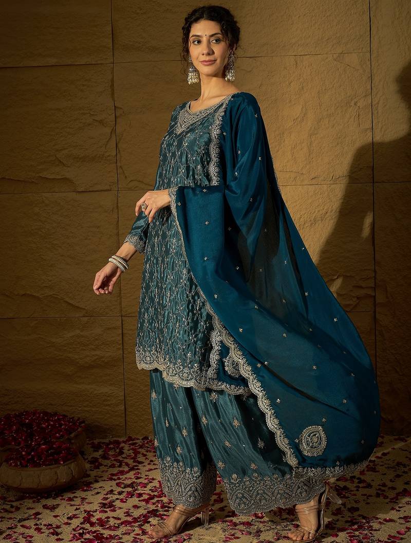 blue chinon   top with  bottom and dupatta full sleeve embroidered straight kurta