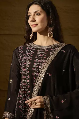 black chinon  top with bottom and dupatta full sleeve embroidered a-line kurti