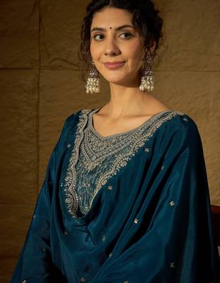 blue chinon  top with bottom and dupatta full sleeve embroidered straight kurta 4