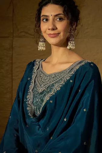 blue chinon  top with bottom and dupatta full sleeve embroidered straight kurta