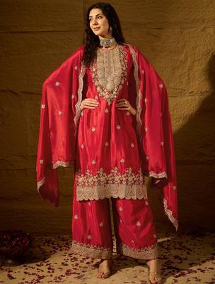 red chinon  top with bottom and dupatta 3/4 sleeve embroidered straight kurta 1