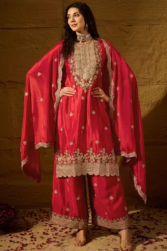 red chinon   top with  bottom and dupatta 3/4 sleeve embroidered straight kurta