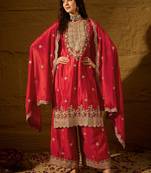 red chinon  top with bottom and dupatta 3/4 sleeve embroidered straight kurta