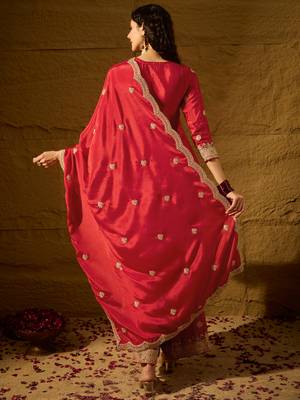 red chinon  top with bottom and dupatta 3/4 sleeve embroidered straight kurta 2