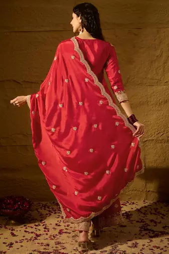 red chinon  top with bottom and dupatta 3/4 sleeve embroidered straight kurta