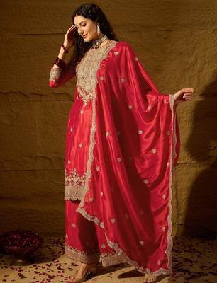 red chinon  top with bottom and dupatta 3/4 sleeve embroidered straight kurta 3