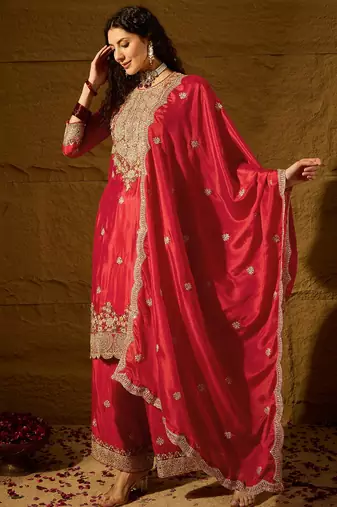 red chinon  top with bottom and dupatta 3/4 sleeve embroidered straight kurta
