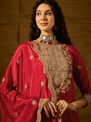 red chinon  top with bottom and dupatta 3/4 sleeve embroidered straight kurta 4