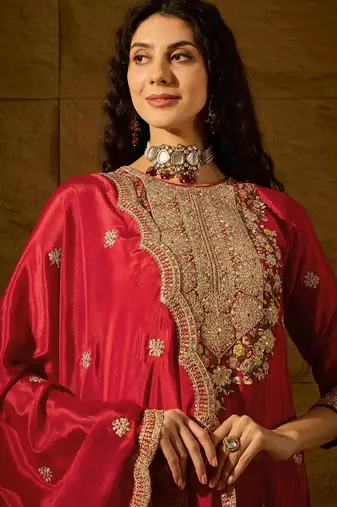red chinon  top with bottom and dupatta 3/4 sleeve embroidered straight kurta