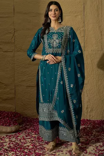 rama chinon   top with bottom and dupatta full sleeve embroidered straight kurta