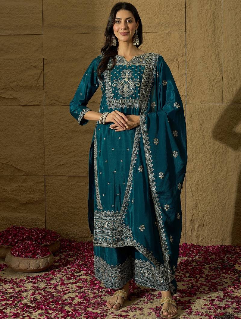 rama chinon   top with bottom and dupatta full sleeve embroidered straight kurta