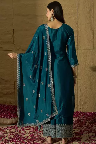 rama chinon  top with bottom and dupatta full sleeve embroidered straight kurta