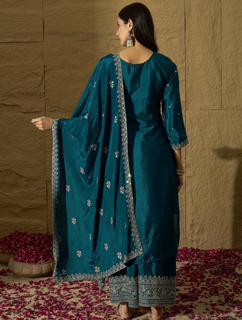 rama chinon   top with bottom and dupatta full sleeve embroidered straight kurta