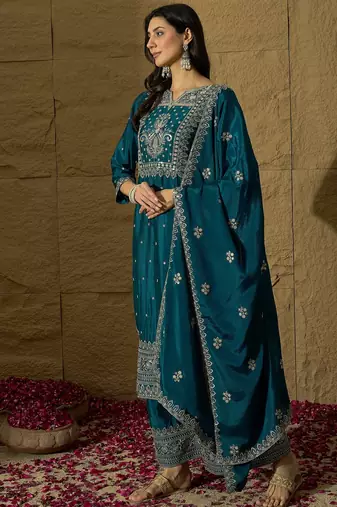 rama chinon  top with bottom and dupatta full sleeve embroidered straight kurta
