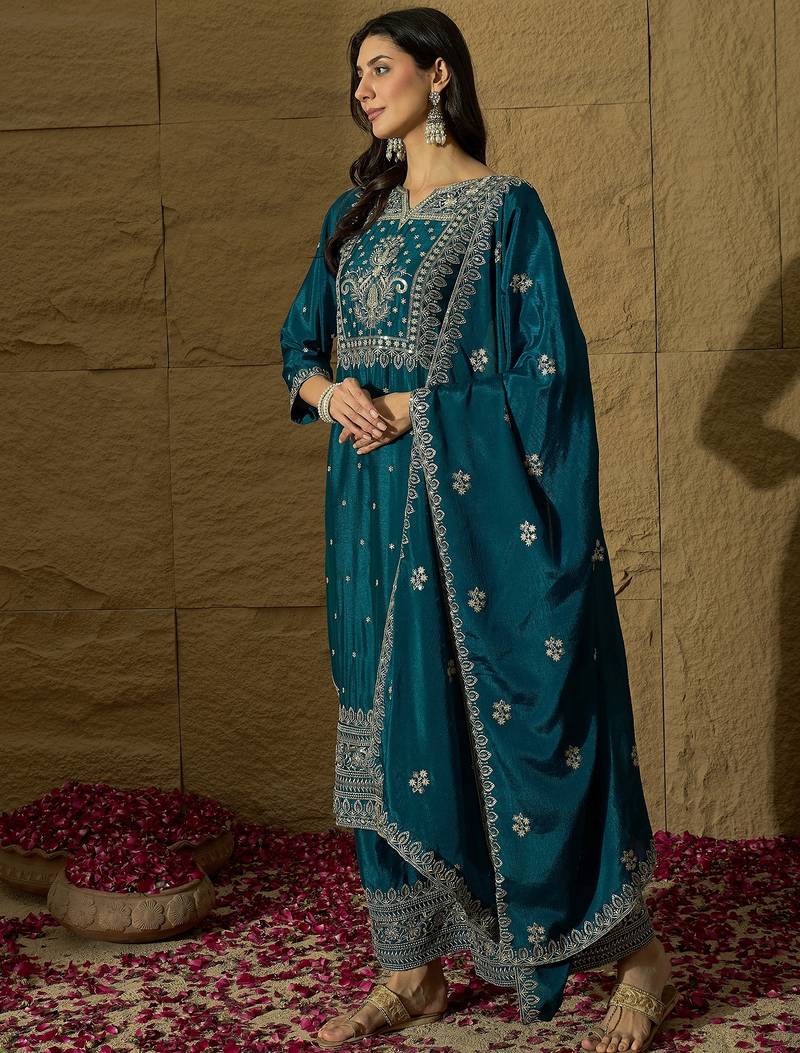 rama chinon   top with bottom and dupatta full sleeve embroidered straight kurta