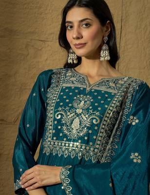 rama chinon  top with bottom and dupatta full sleeve embroidered straight kurta 4