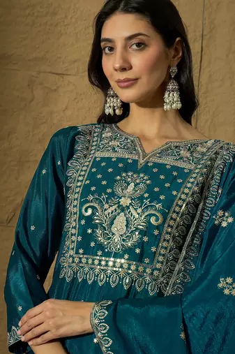 rama chinon  top with bottom and dupatta full sleeve embroidered straight kurta