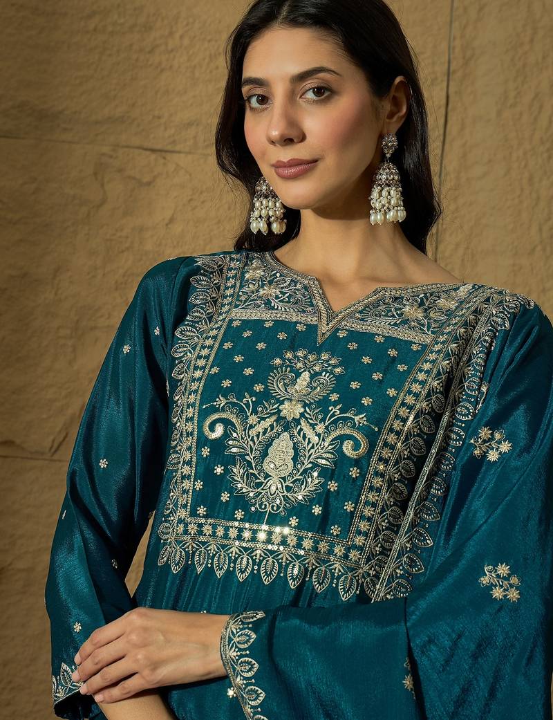 rama chinon   top with bottom and dupatta full sleeve embroidered straight kurta