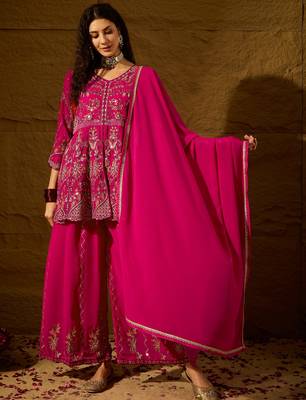 pink faux georgette  top with bottom and dupatta 3/4 sleeve embroidered flared kurta 1