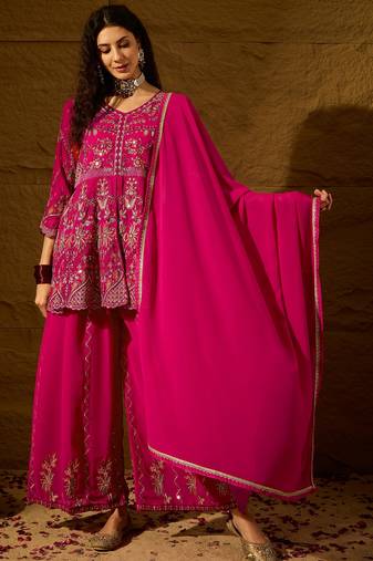 pink faux georgette   top with bottom and dupatta 3/4 sleeve embroidered flared kurta