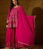 pink faux georgette  top with bottom and dupatta 3/4 sleeve embroidered flared kurta