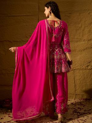 pink faux georgette  top with bottom and dupatta 3/4 sleeve embroidered flared kurta 2