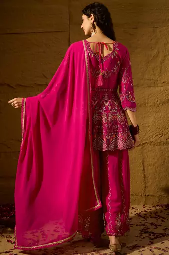 pink faux georgette  top with bottom and dupatta 3/4 sleeve embroidered flared kurta