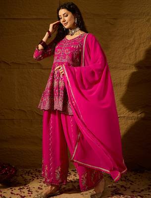 pink faux georgette  top with bottom and dupatta 3/4 sleeve embroidered flared kurta 3