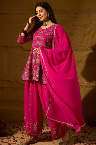 pink faux georgette  top with bottom and dupatta 3/4 sleeve embroidered flared kurta