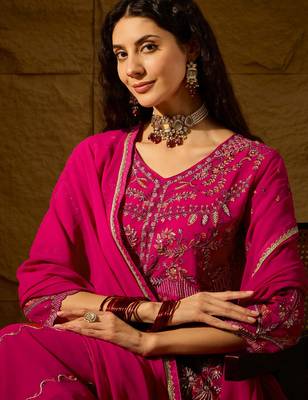 pink faux georgette  top with bottom and dupatta 3/4 sleeve embroidered flared kurta 4