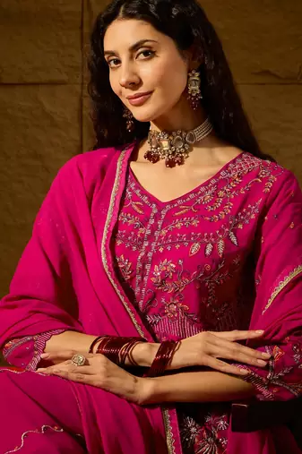 pink faux georgette  top with bottom and dupatta 3/4 sleeve embroidered flared kurta